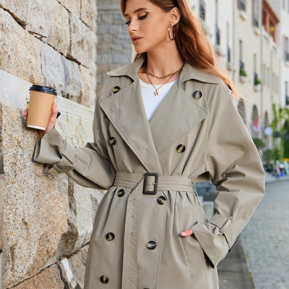 Khaki Casual Womens Double Breasted Belted Trench Coat - Picture 5 of 5